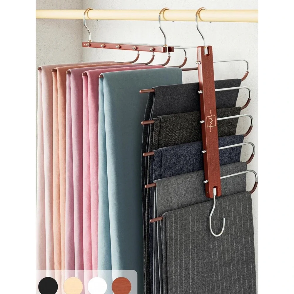 Moralve Space Saving Pant Hanger 2 Pack Mahogany Wood Multi Tier Organizer